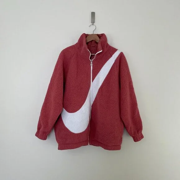 Nike Reversible Big Swoosh Full Zip Sherpa Jacket in Pink Size XS - Picture 1 of 7